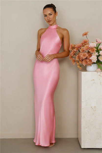 Damen Satin Maxikleid Hochkragen Körpernah Eveloria