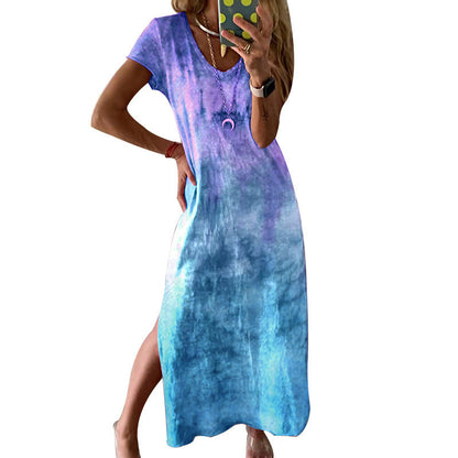 Damen Maxikleid Langarm V-Ausschnitt Tie-Dye