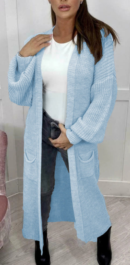 Damen Grobstrickmantel Offen Lässig Beige