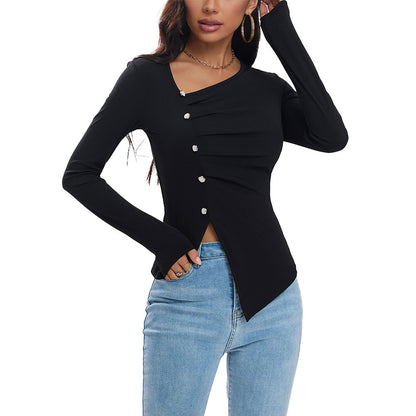 Damen Langarmshirt mit Knöpfen Asymmetrischer Saum Elegantes Design