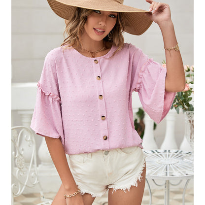 Damen Bluse Rüschendetails Knopfleiste Eveloria