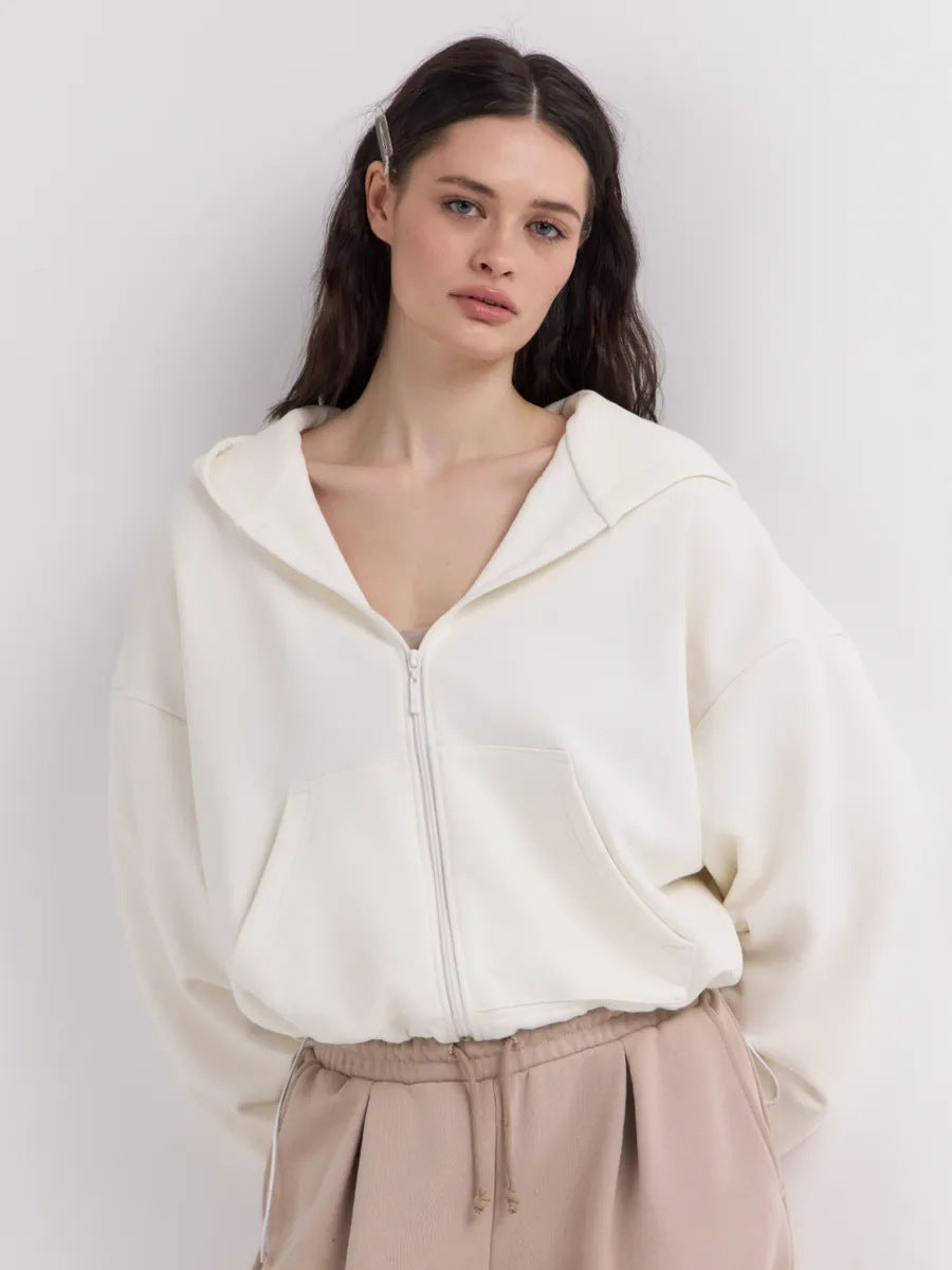 Damen Cropped Kapuzenjacke Reißverschluss Übergroße Ärmel Eveloria