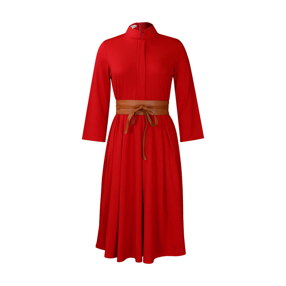 Eveloria Damen Midikleid Stehkragen Abnehmbarer Gürtel