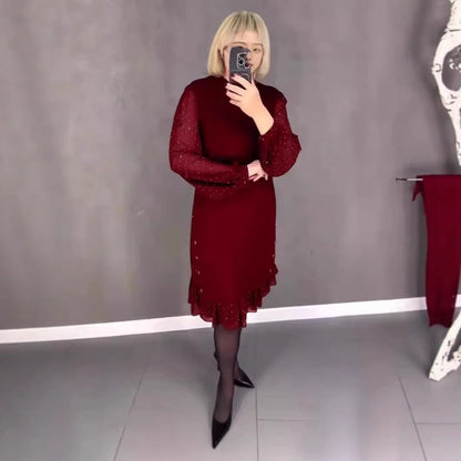 Damen Kleid Voluminöse Ärmel Durchbrochener Saum Eveloria