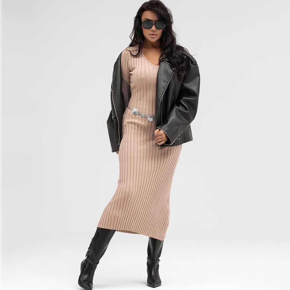 Damen Strickkleid V-Ausschnitt Rippenstruktur Eveloria