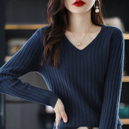 Damen Strickpullover V-Ausschnitt Feine Rippenstruktur Eveloria