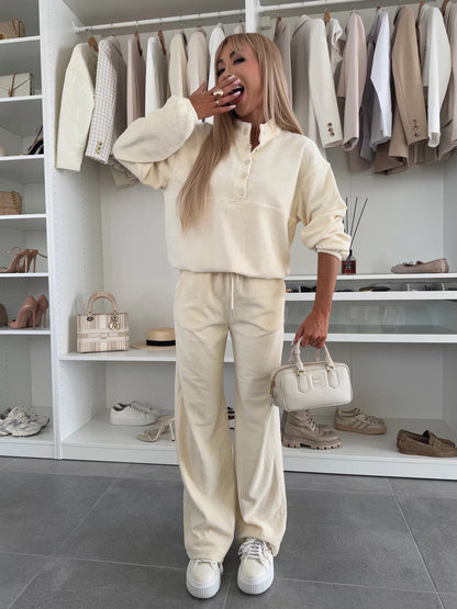 Damen Fleece Jogginganzug Weiter Schnitt Hochwertig Beige