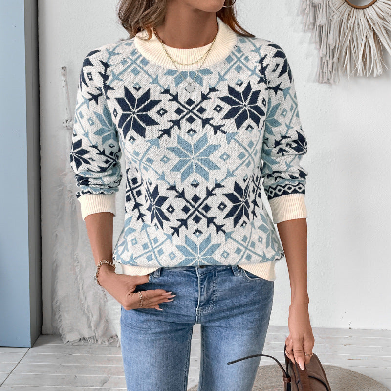 Damen Strickpullover Rundhalsausschnitt Wintermuster Eveloria - Eveloria