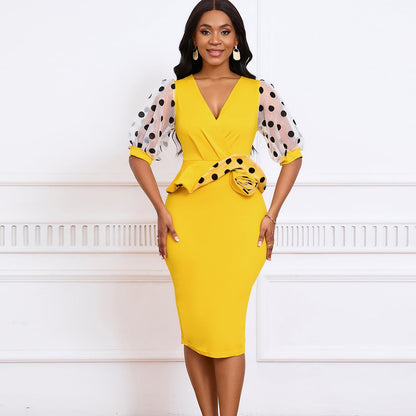 Damen Wickelkleid Puffärmel Tailleneinsatz Eveloria