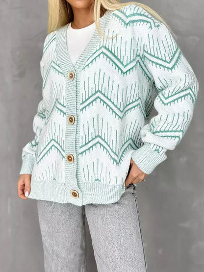 Damen Strickjacke Zigzag Muster Knöpfe Anthrazit