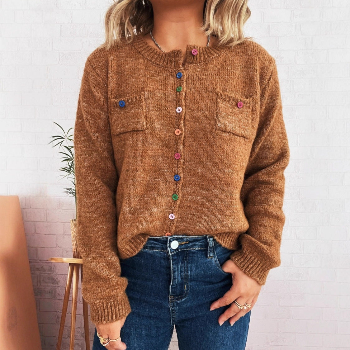 Damen Strickjacke Kuschelig Bunt Knöpfe 2 Taschen - Eveloria