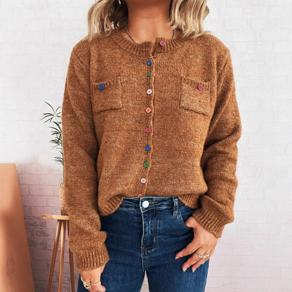 Damen Strickjacke Kuschelig Bunt Knöpfe 2 Taschen - Eveloria
