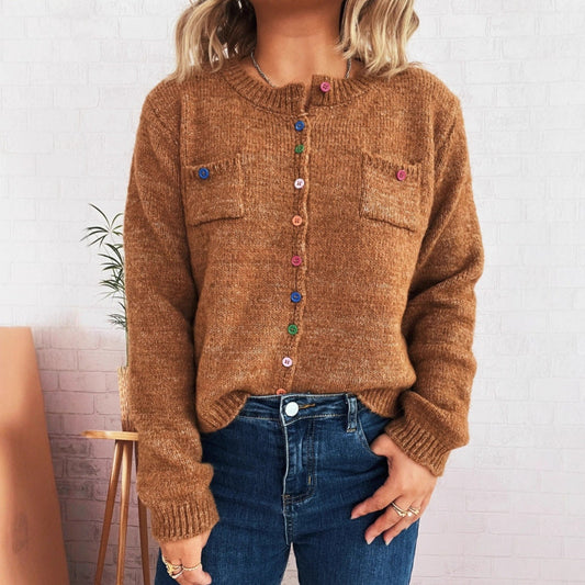 Damen Strickjacke Kuschelig Bunt Knöpfe 2 Taschen - Eveloria