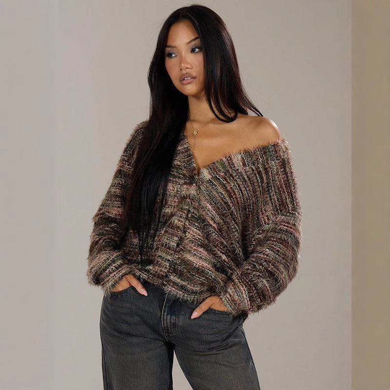 Damen Strickpullover V-Ausschnitt Luftig Farbverlauf - Eveloria