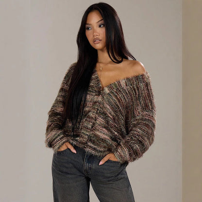 Damen Strickpullover V-Ausschnitt Luftig Farbverlauf - Eveloria