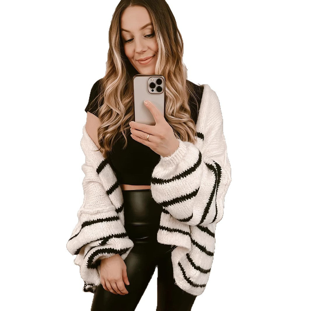 Damen Strickjacke Streifenmuster Weite Ärmel Beige