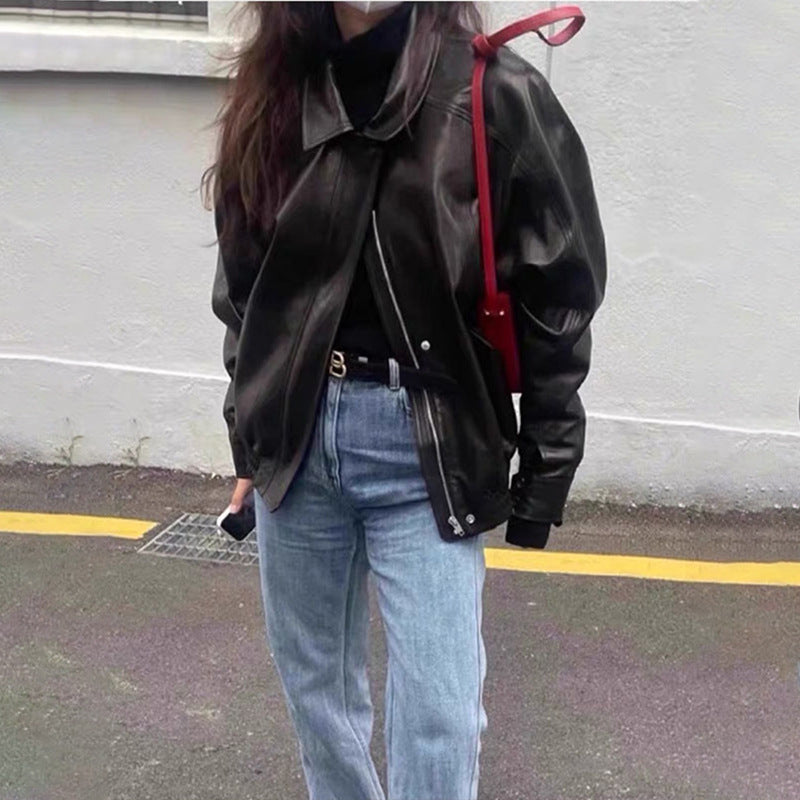 Damen Kunstlederjacke Voluminöse Ärmel Schwarz Eveloria - Eveloria