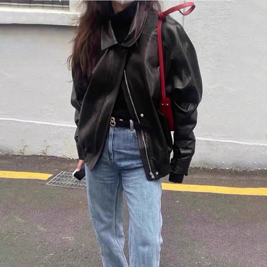 Damen Kunstlederjacke Voluminöse Ärmel Schwarz Eveloria - Eveloria