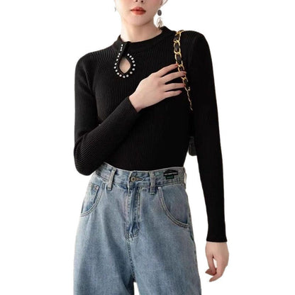 Damen Langarmshirt Elegant Ausschnitt Schmuckdetails