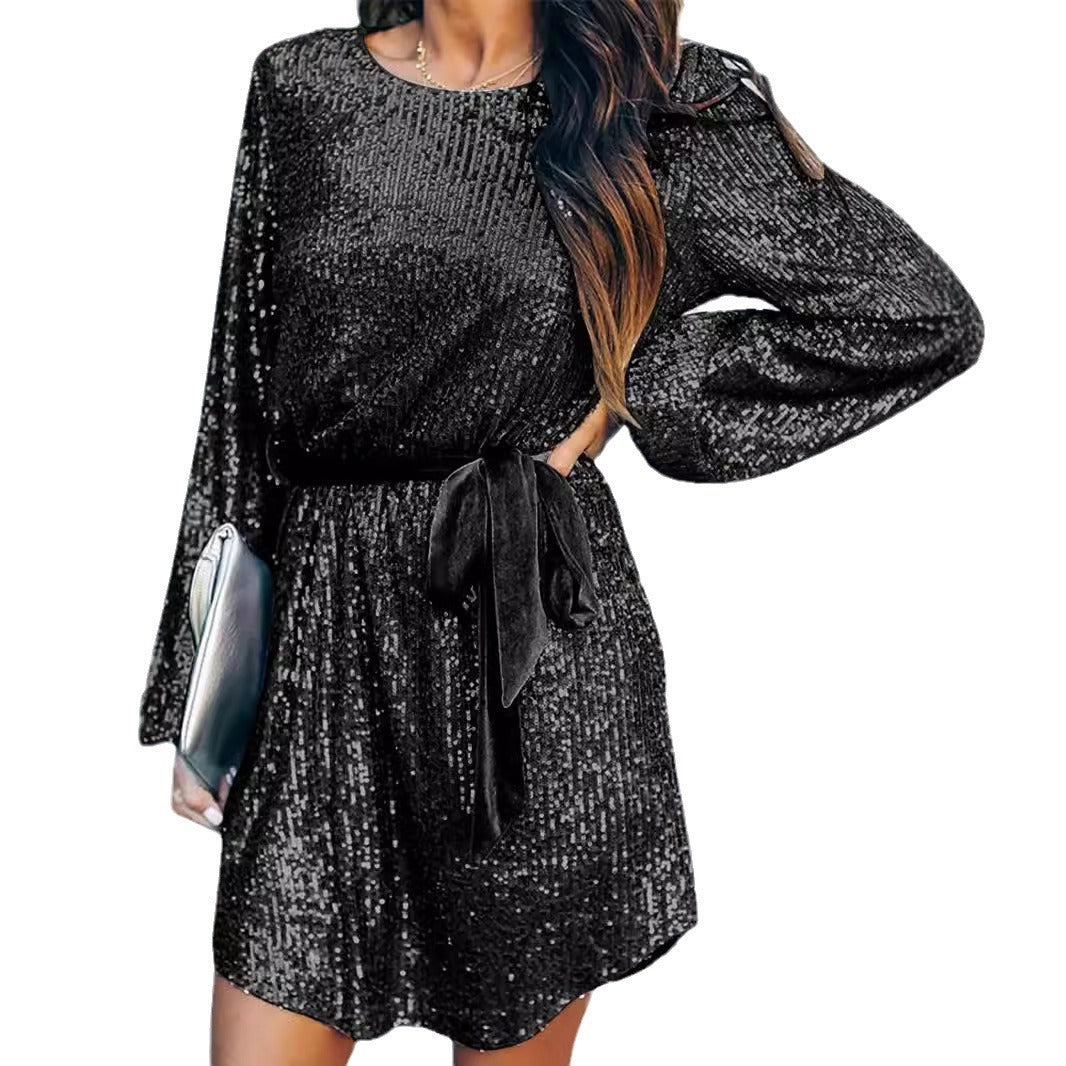 Damen Jerseykleid Glitzernd Elegante Taillierung Eveloria