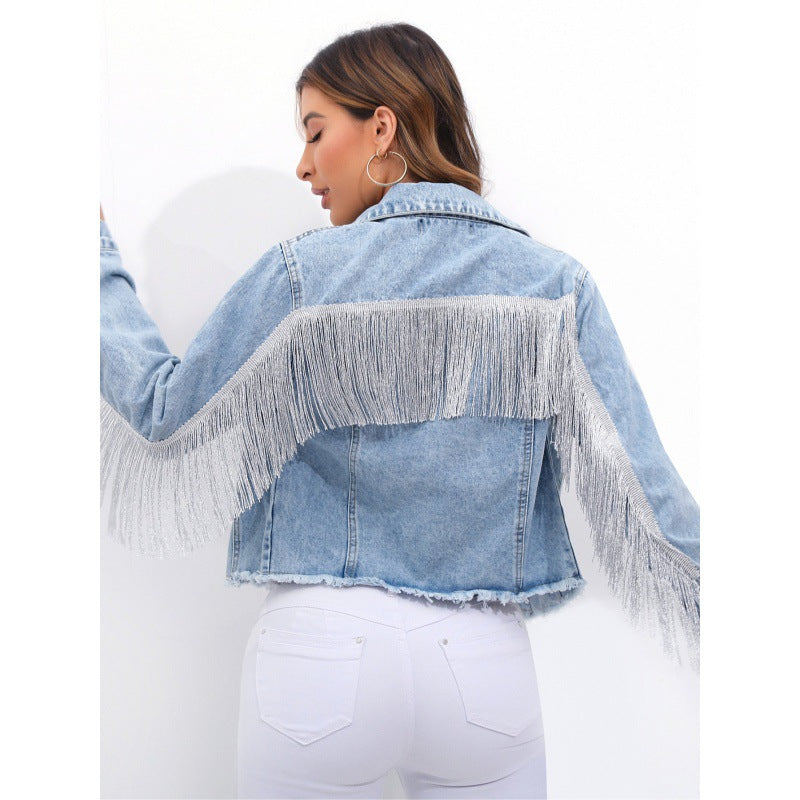 Damen Denimjacke Fransen Blau Eveloria