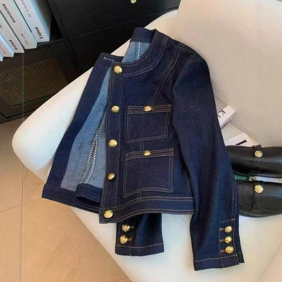 Damen Jeansjacke Modisch Goldene Knöpfe Eveloria