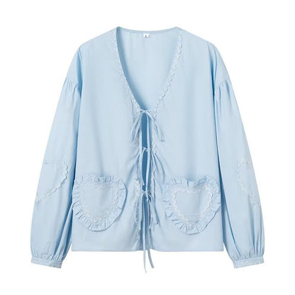 Damen Bluse mit Herz-Applikationen Rüschendetails