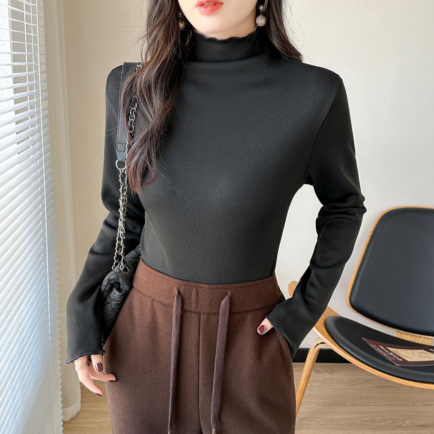 Eveloria Damen Langarm-Oberteil Hochkragen Slim Fit
