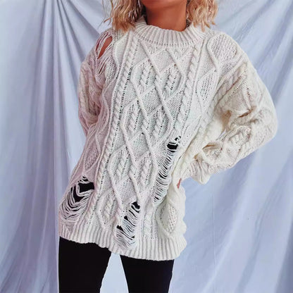 Damen Oversized Pullover Strukturiertes Zopfmuster Fransen Beige