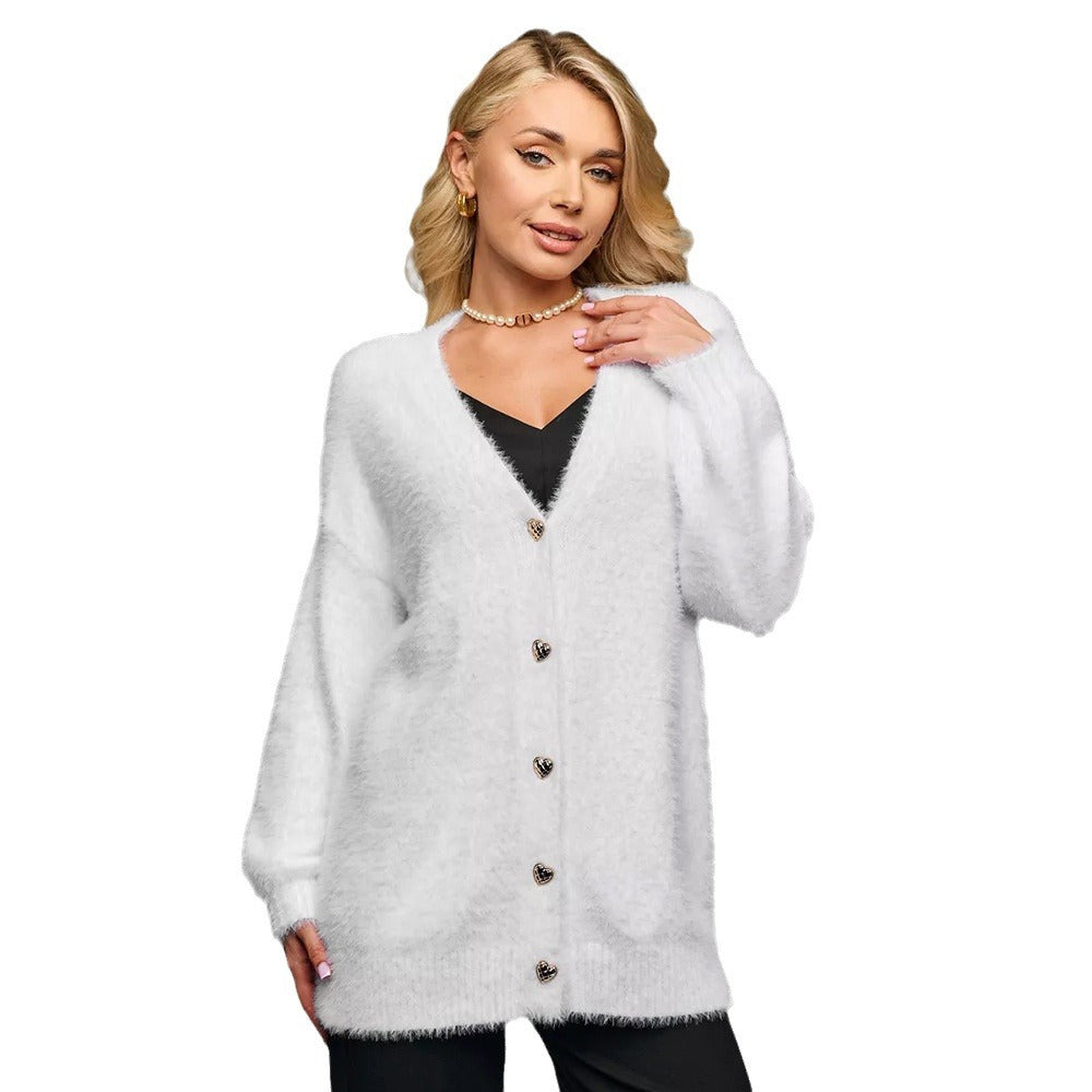 Damen Strickjacke Oversized Weich Herzknöpfe Beige