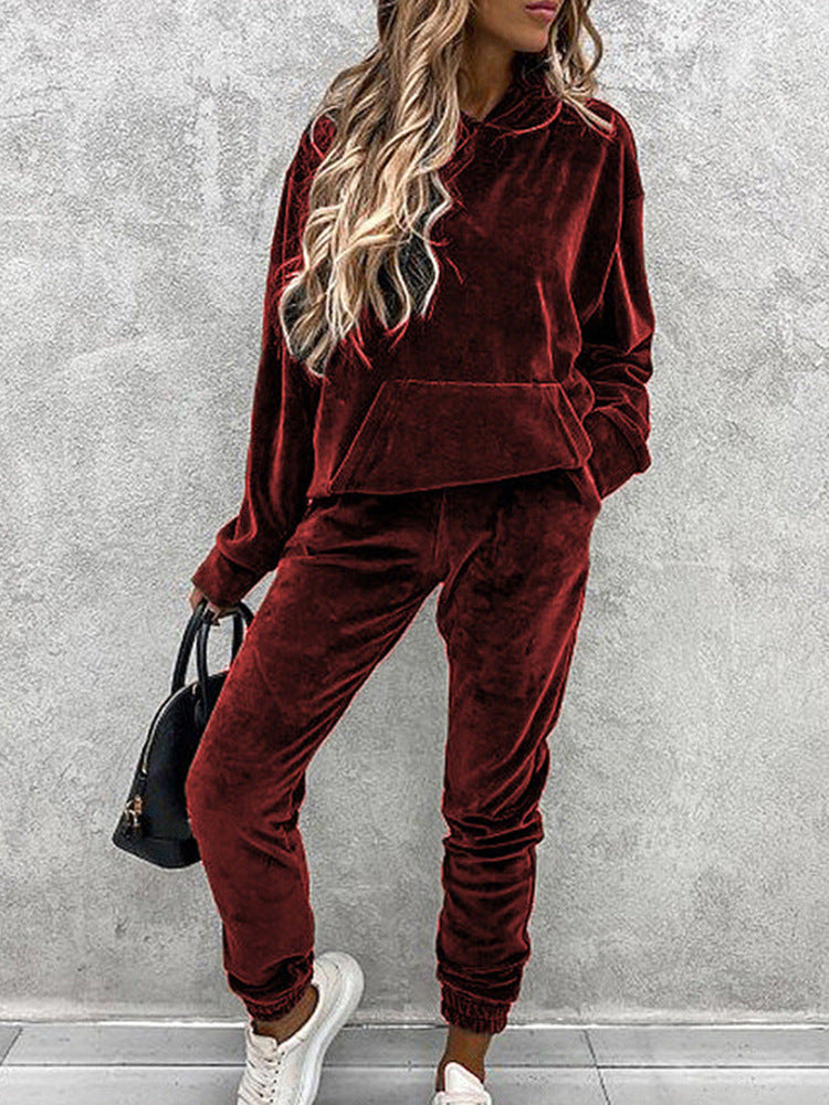 Damen Velours-Jogginganzug mit Kapuze und elastischem Bund