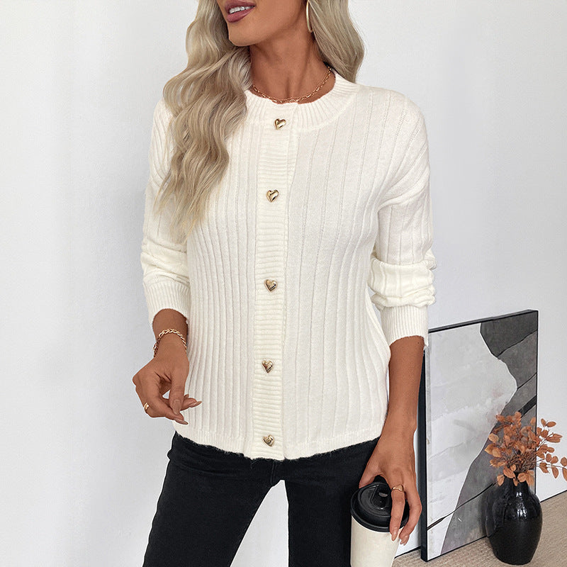 Damen Strickpullover mit Herzknöpfen und Struktur Oberfläche - Eveloria