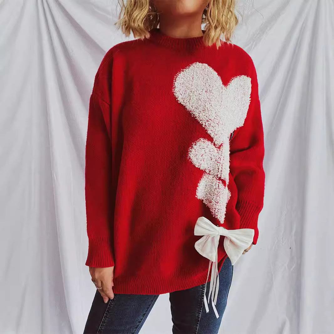 Damen Strickpullover Herzdesign mit Schleife - Eveloria