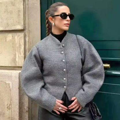 Damen Kurzjacke Wollmix Elegant Schimmernde Knöpfe - Eveloria