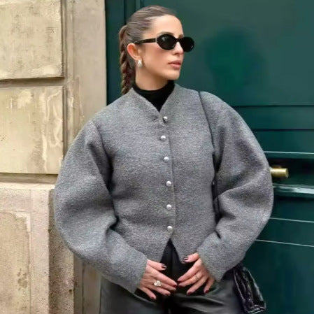 Damen Kurzjacke Wollmix Elegant Schimmernde Knöpfe - Eveloria