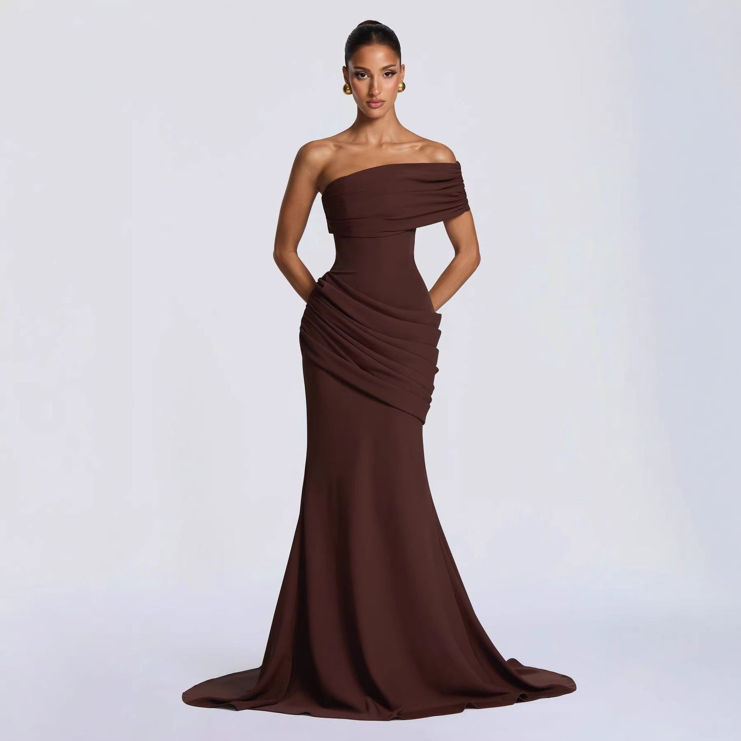 Damen Abendkleid Schulterfrei mit Drapierungen und fließendem Schnitt