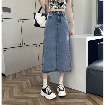 Damen Denimrock Midi mit Vorderschlitz Blau Eveloria