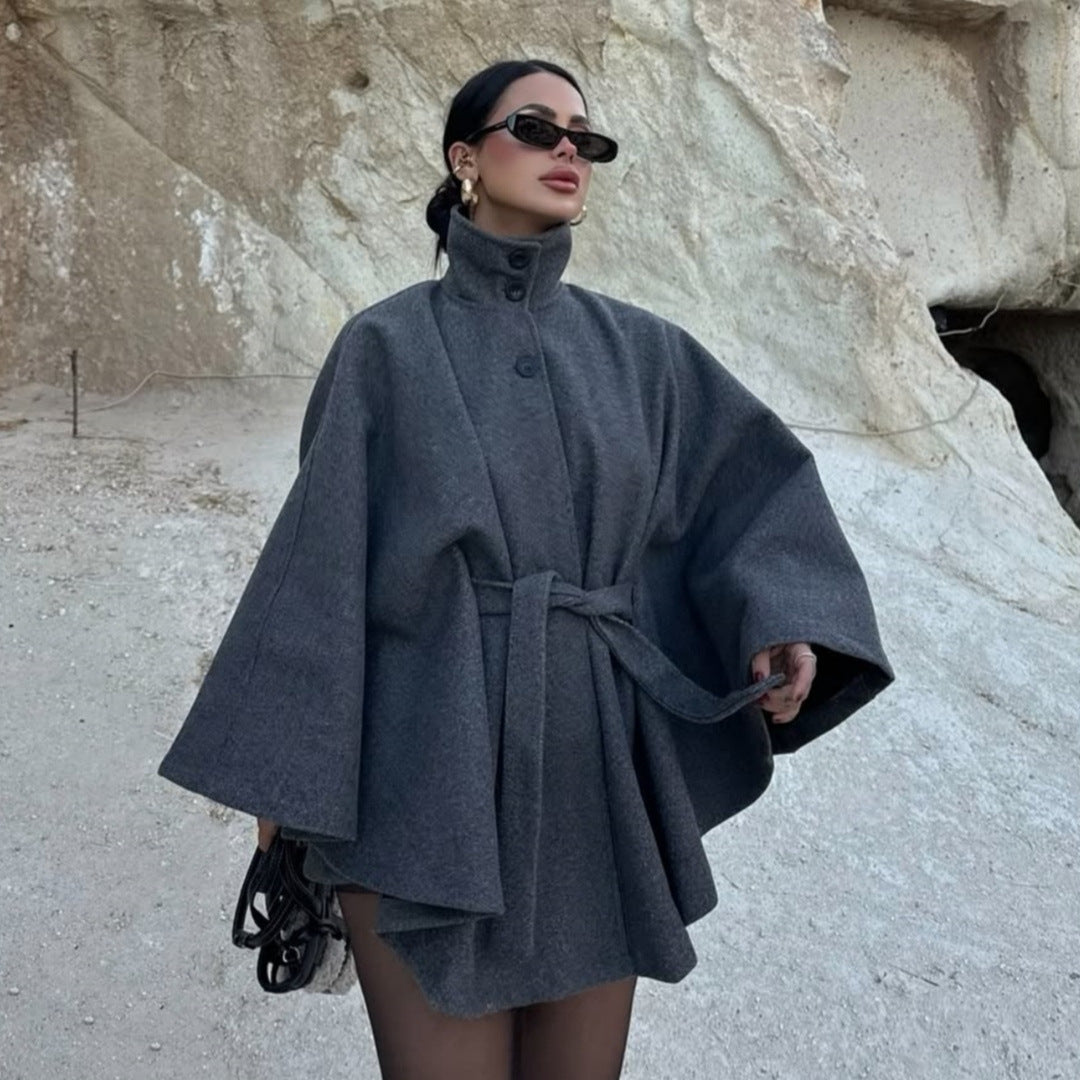 Damen Umhangjacke Wollmix Taillengürtel Eveloria