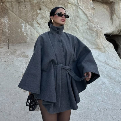 Damen Umhangjacke Wollmix Taillengürtel Eveloria