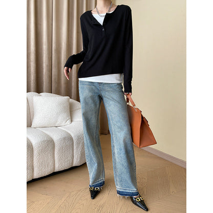 Damen Langarmshirt aus Baumwolle mit Knopfdetail und langem Schnitt