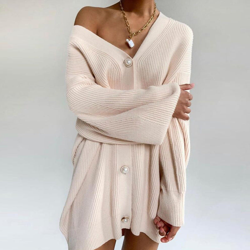 Damen Oversized Strickcardigan mit Dekorativen Knöpfen Beige