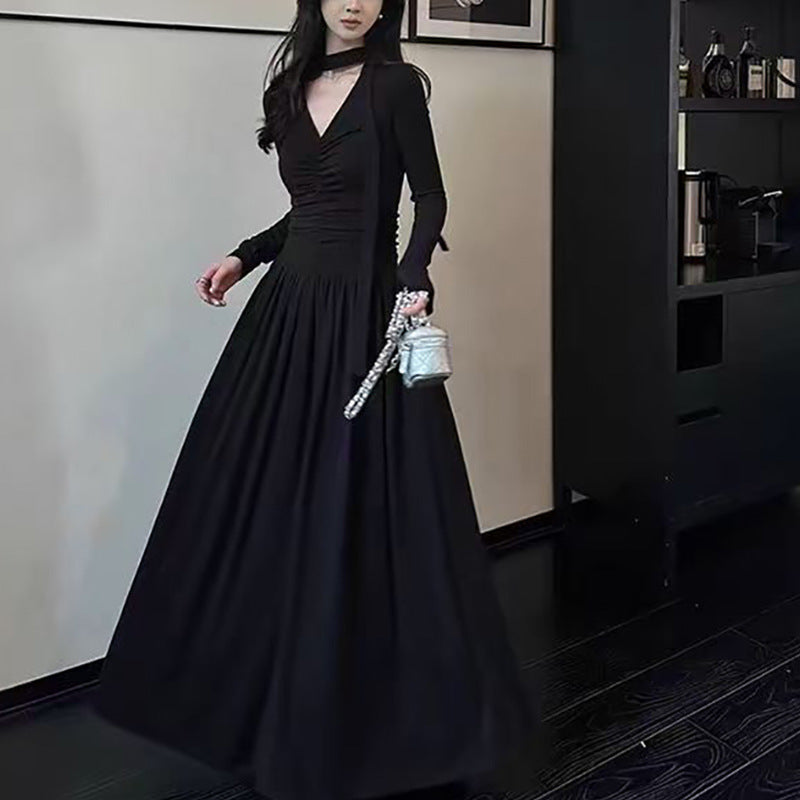 Eveloria Damen Maxi-Kleid V-Ausschnitt Längsärmel Elegantes Abendkleid