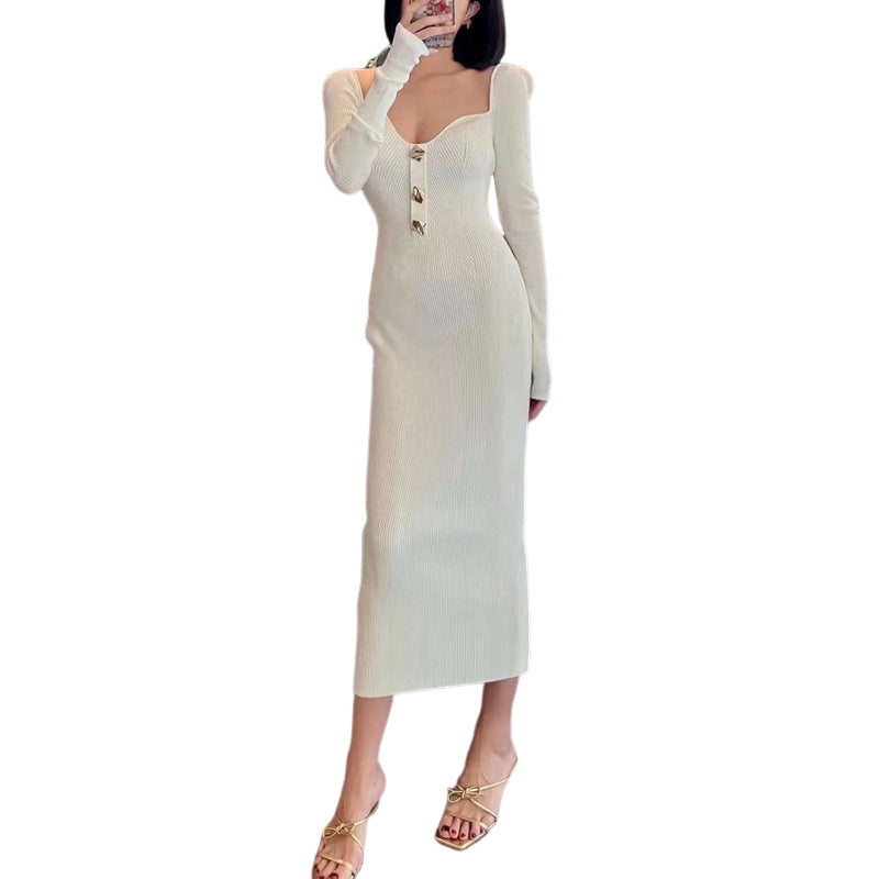 Damen Strickkleid V-Ausschnitt Elegantes Knopfdesign