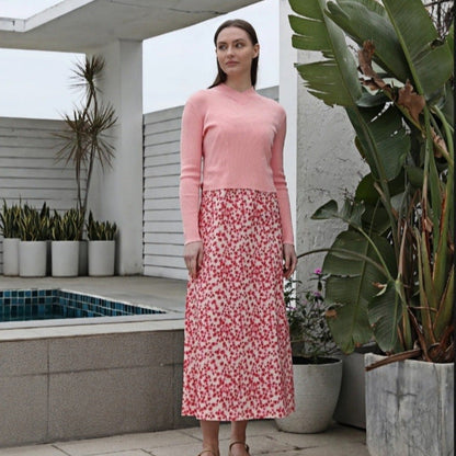 Damen Pullover-Kombi Maxirock Floralmuster