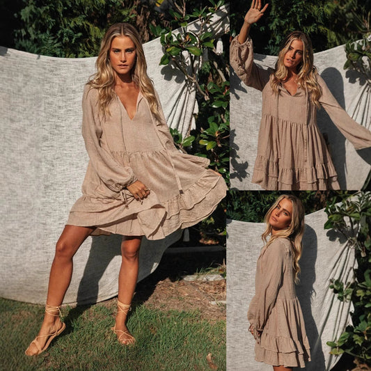 Damen Freizeitkleid Voluminöse Ärmel Rüschendetails - Eveloria