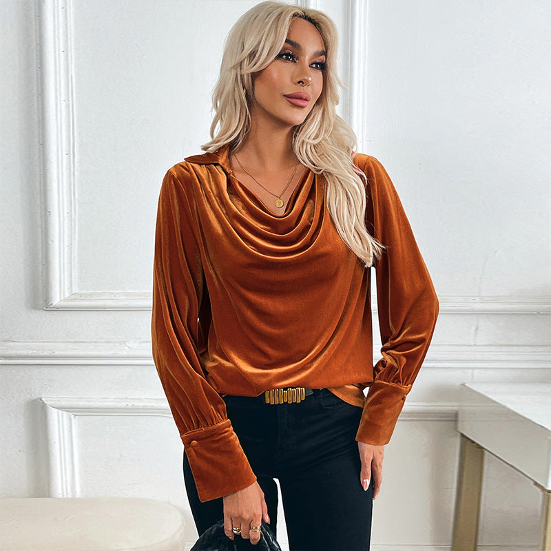 Eveloria Damen Samtbluse Offener Kragen Langer Ärmel