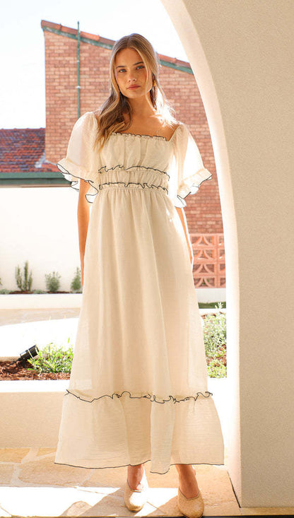Damen Maxikleid Rüschendetails Elastischer Taillenbund