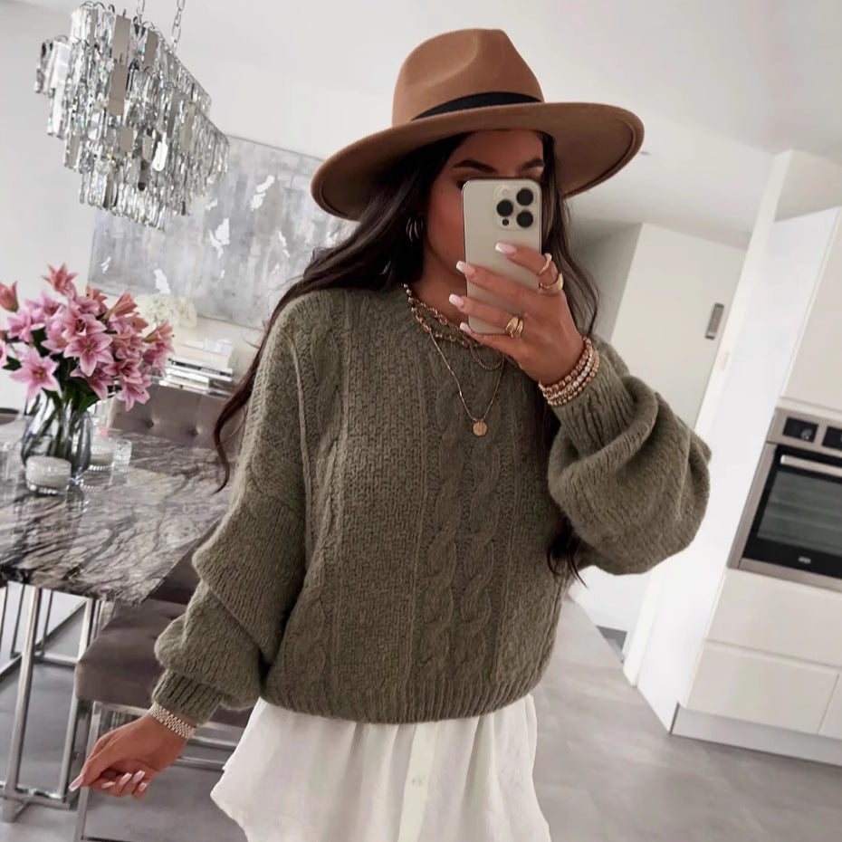 Damen Grobstrickpullover Voluminöse Ärmel Zopfmuster