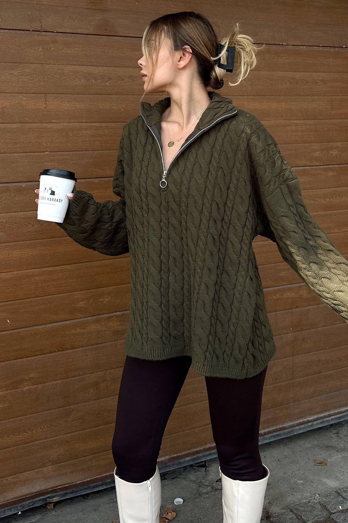 Damen Strickpullover Doppelreißverschluss Hochkragen Eveloria