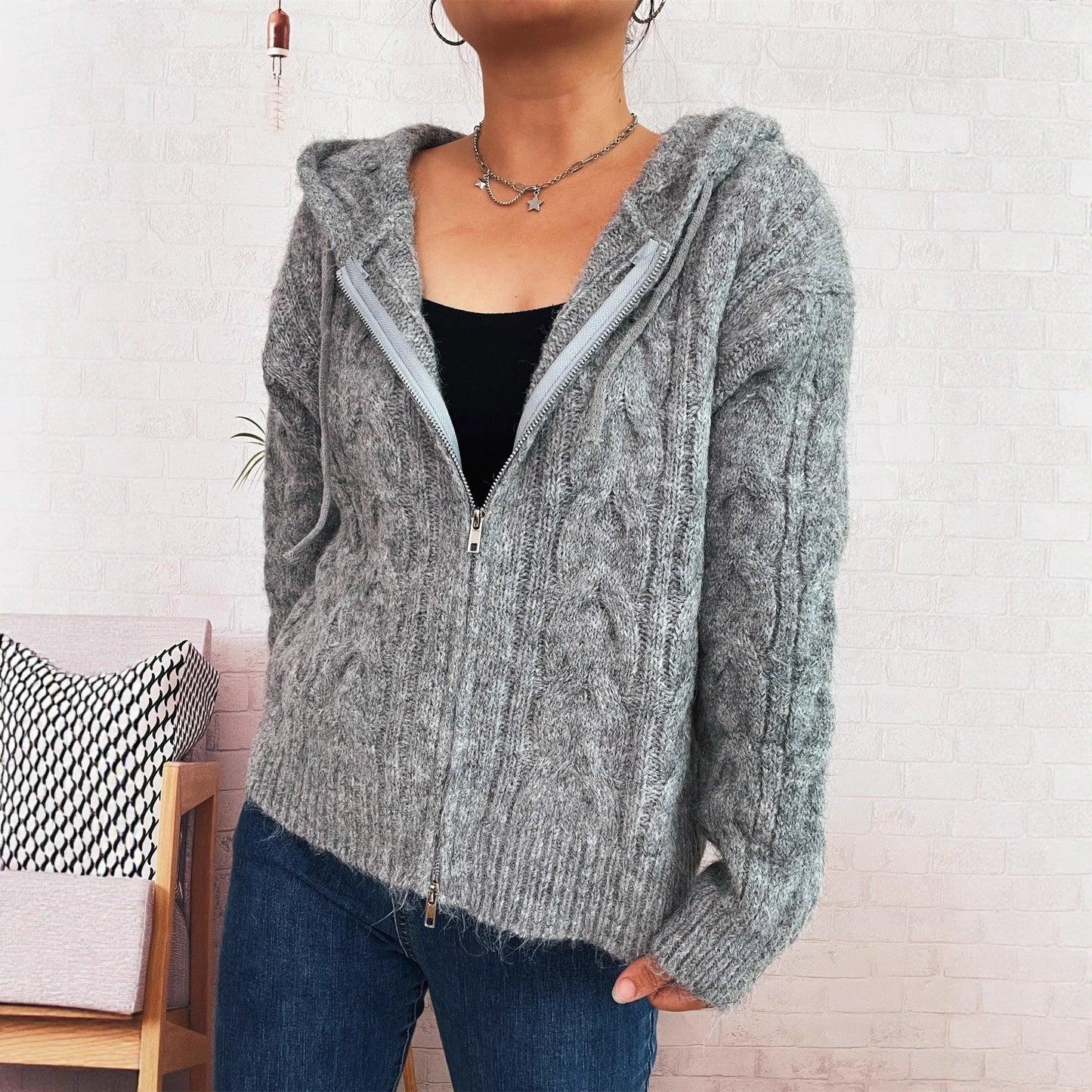 Damen Zip-Hoodie Gestreift Weich Kapuze Eveloria - Eveloria